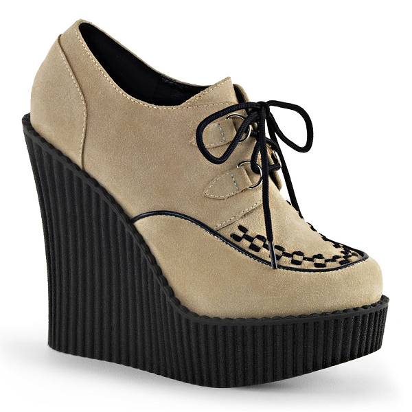 Demonia Women's Creeper-302 Wedge Oxford Shoes - Cream Vegan Suede D7016-98US Clearance
